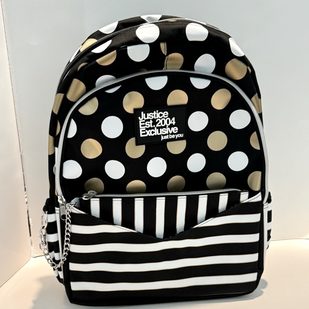 Justice  Exclusive "Just Be You" Gold & White Polka-dot & Strip Backpack bag - Picture 14 of 16
